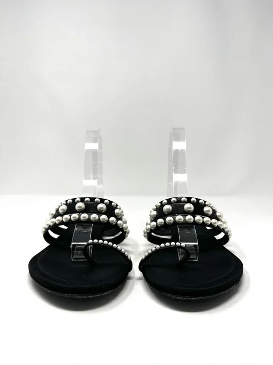 Chanel CC Logo Black Leather White Pearl Pearls Flat Strappy Sandals Slides 39.5 - Picture 4 of 9
